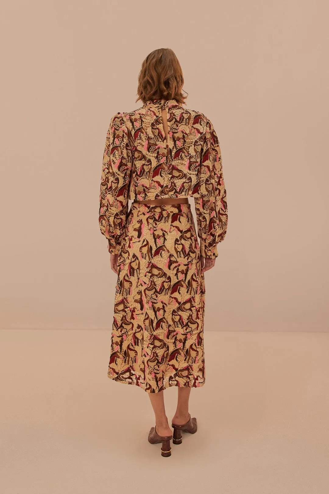 Cream Horses Guipure Midi Skirt Anti Pilling Fabric