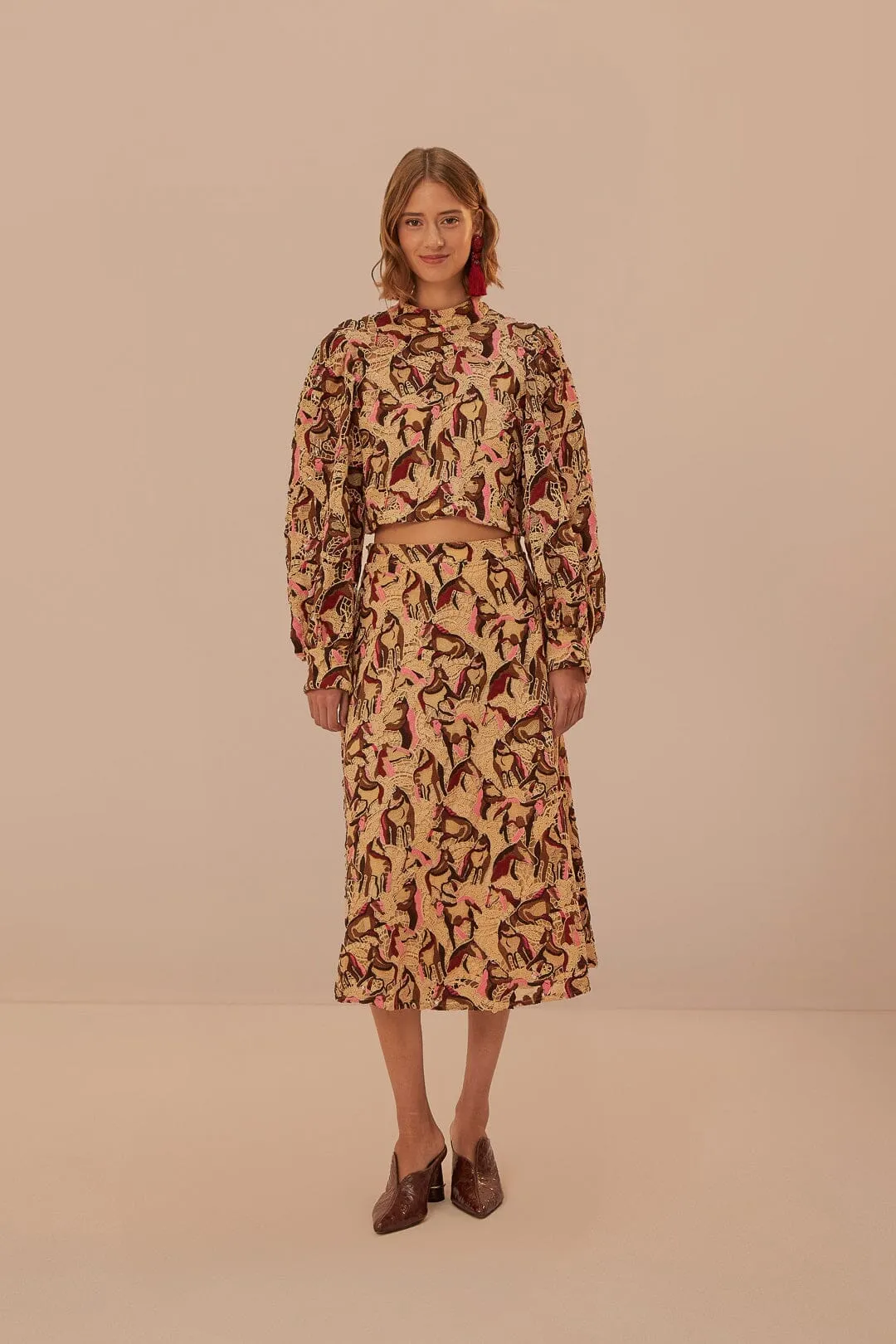 Relaxed Vibe Cream Horses Guipure Midi Skirt