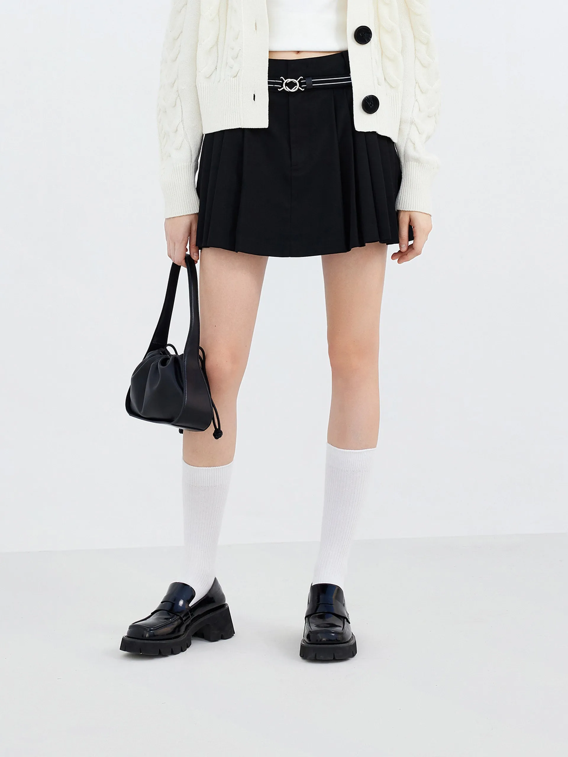 Pleated Mini Skirt with Belt Opaque finish Flexible Comfort