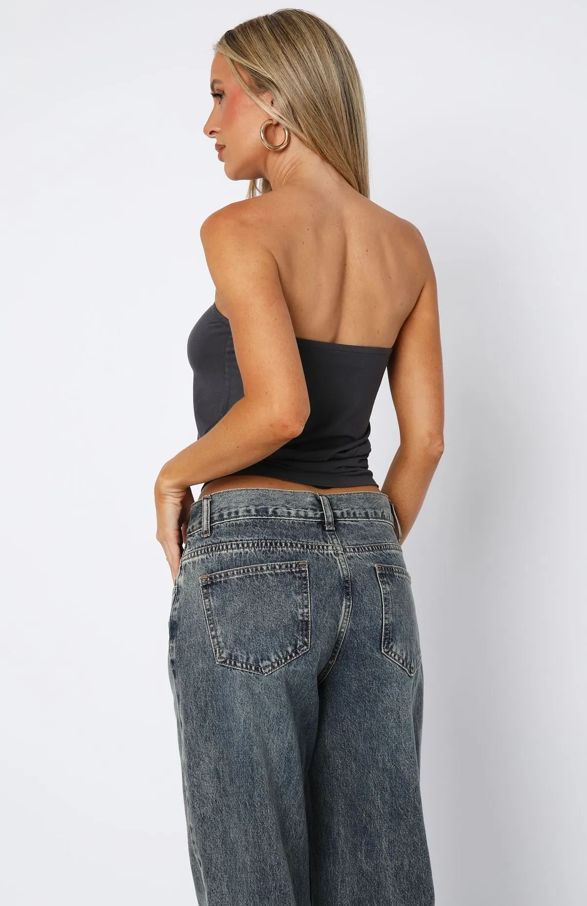 Don't Talk Strapless Top Charcoal Wind Resistant Fabric