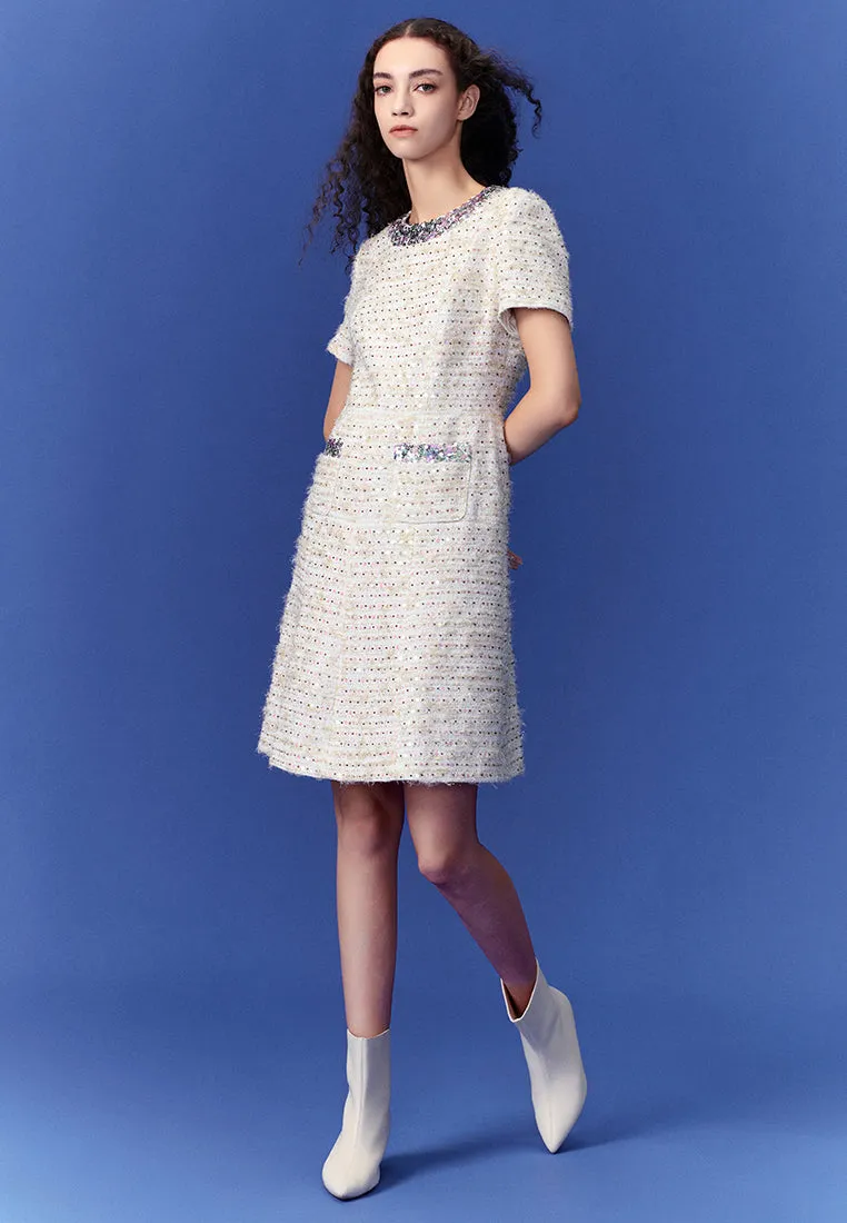 Luxurious Sequined Tweed Dress SlipResistantHem WrinkleFreeFabric
