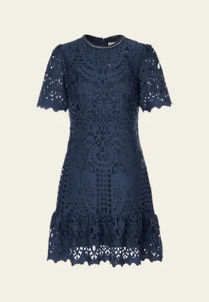 Layered Hem Details LayeredConstruction Dark blue Hollow-carved Lace Dress