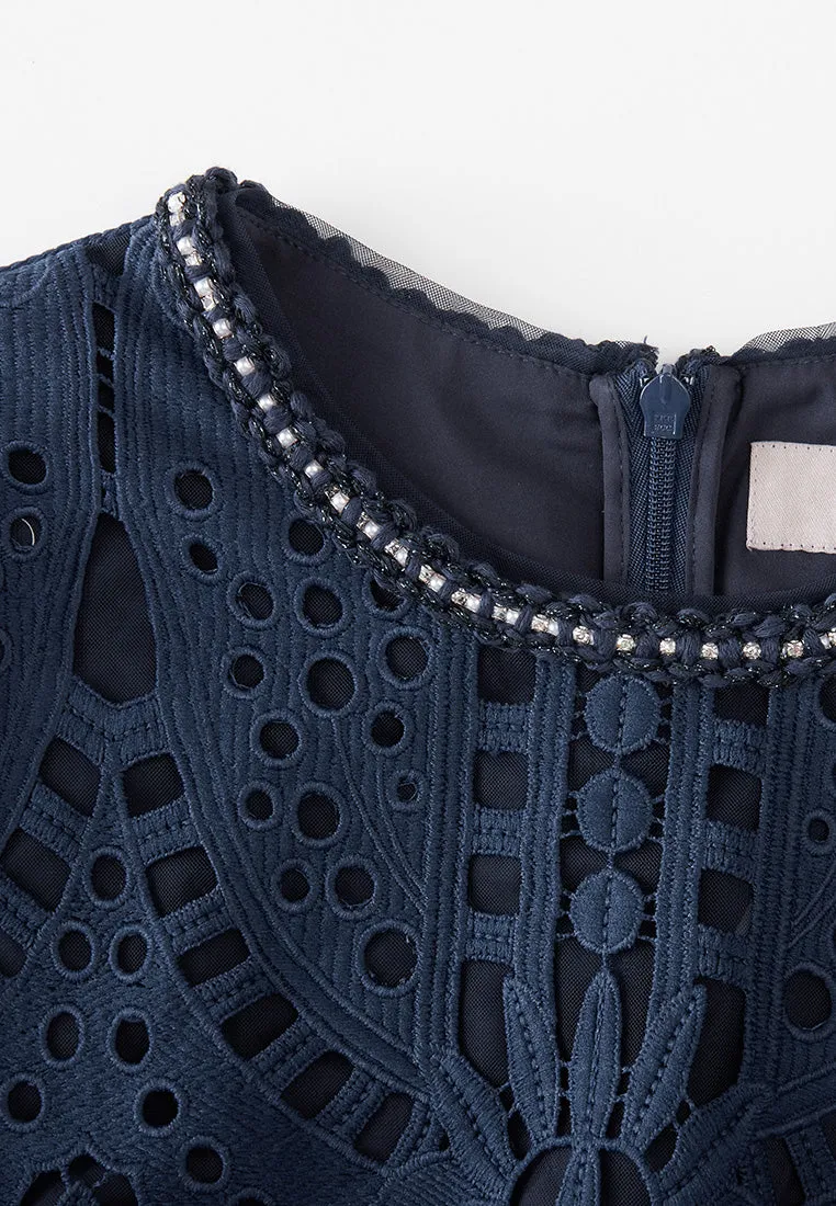 Dark blue Hollow-carved Lace Dress Classic Glow StretchPaneling