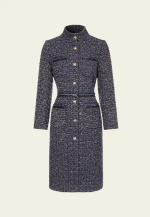 Raw Linen Sun Protection Fabric Mixed Tweed Embellished-trim Stand Collar Dress