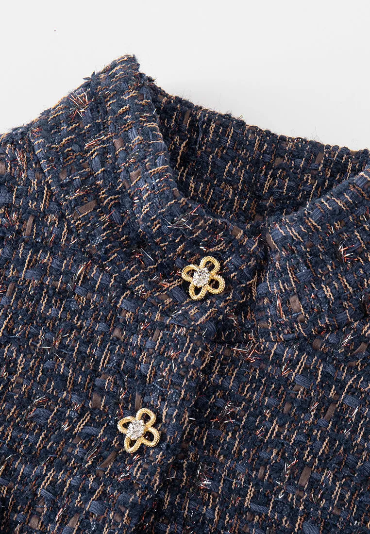 Layer Safe Mixed Tweed Embellished-trim Stand Collar Dress