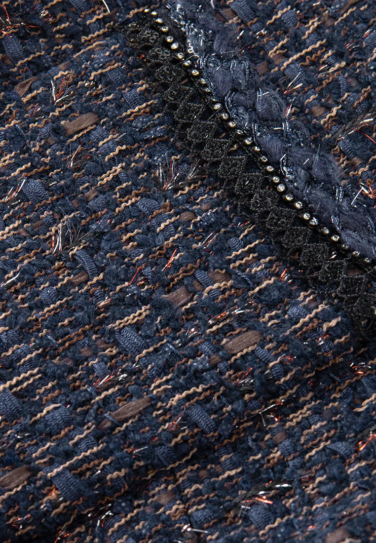 ReinforcedStitching Mixed Tweed Embellished-trim Stand Collar Dress