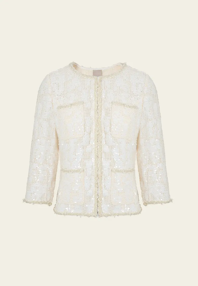 Jacquard Sequinned Bead-and-pearl Trim Pocket Jacket CrossBackStructure QuickDrying Material