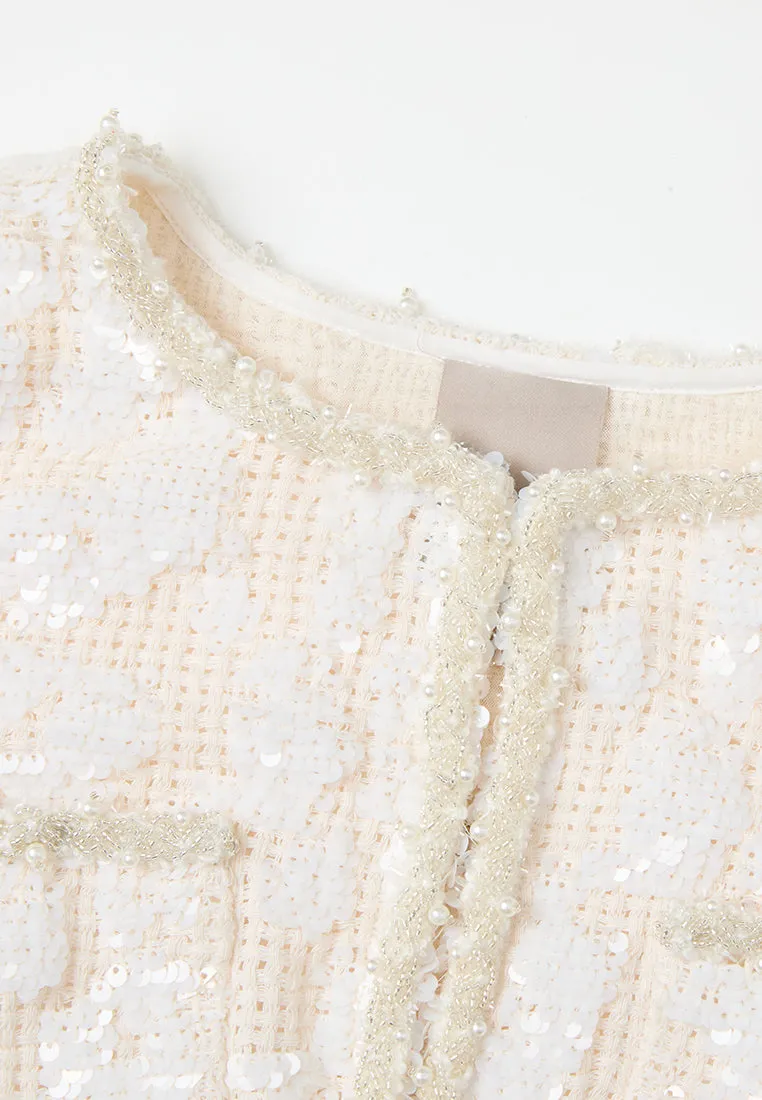 VersatileCuff Jacquard Sequinned Bead-and-pearl Trim Pocket Jacket