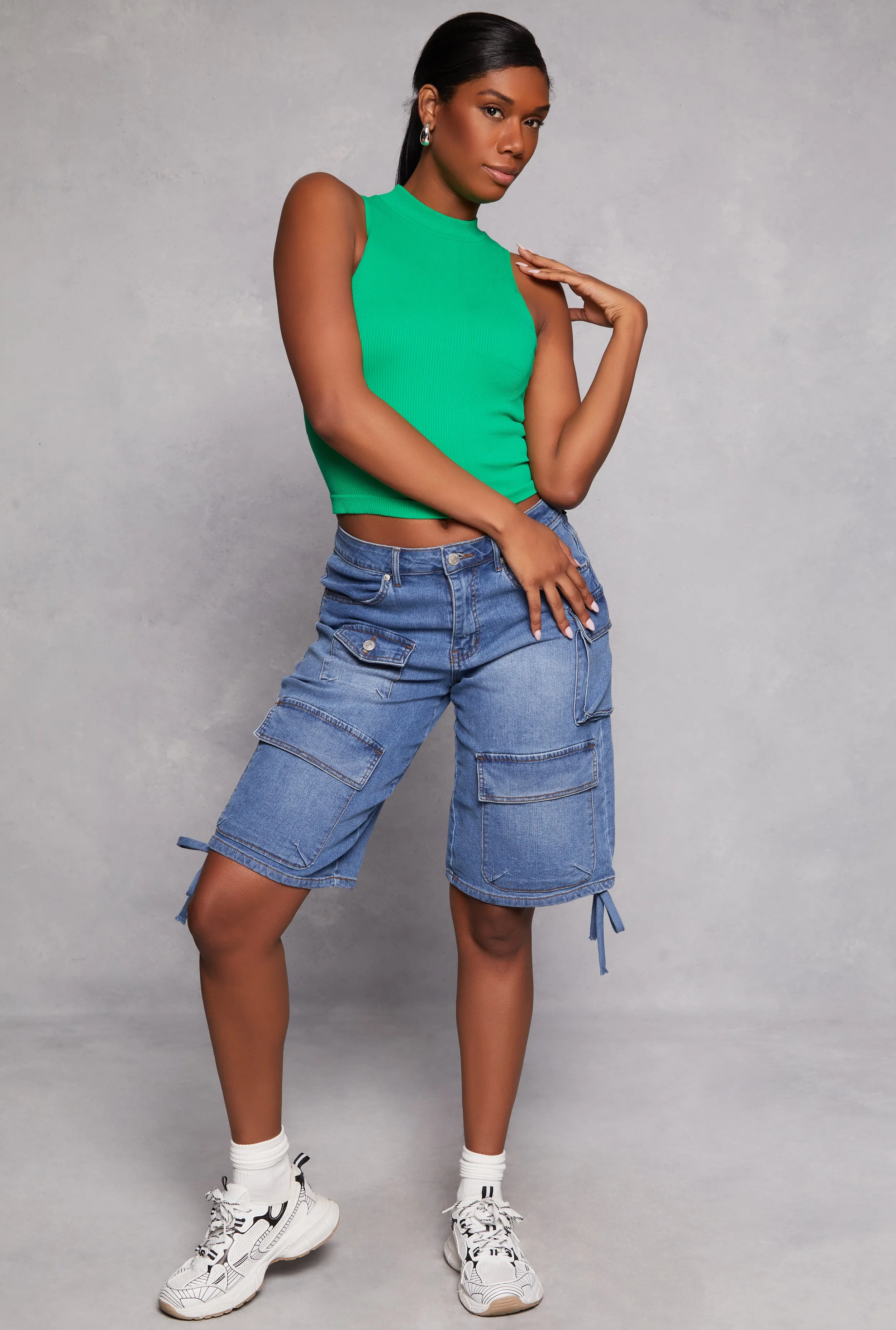 Seamless Ribbed Knit Mock Neck Top No Slip Interior above ground