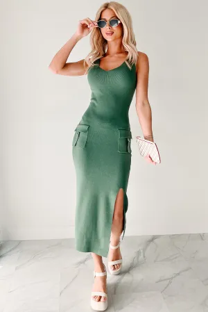 Effortlessly Cool Sleeveless Cargo Pocket Midi Dress (Green) Autumn Stroll