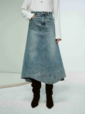 Wave Hem Denim Skirt Button Details