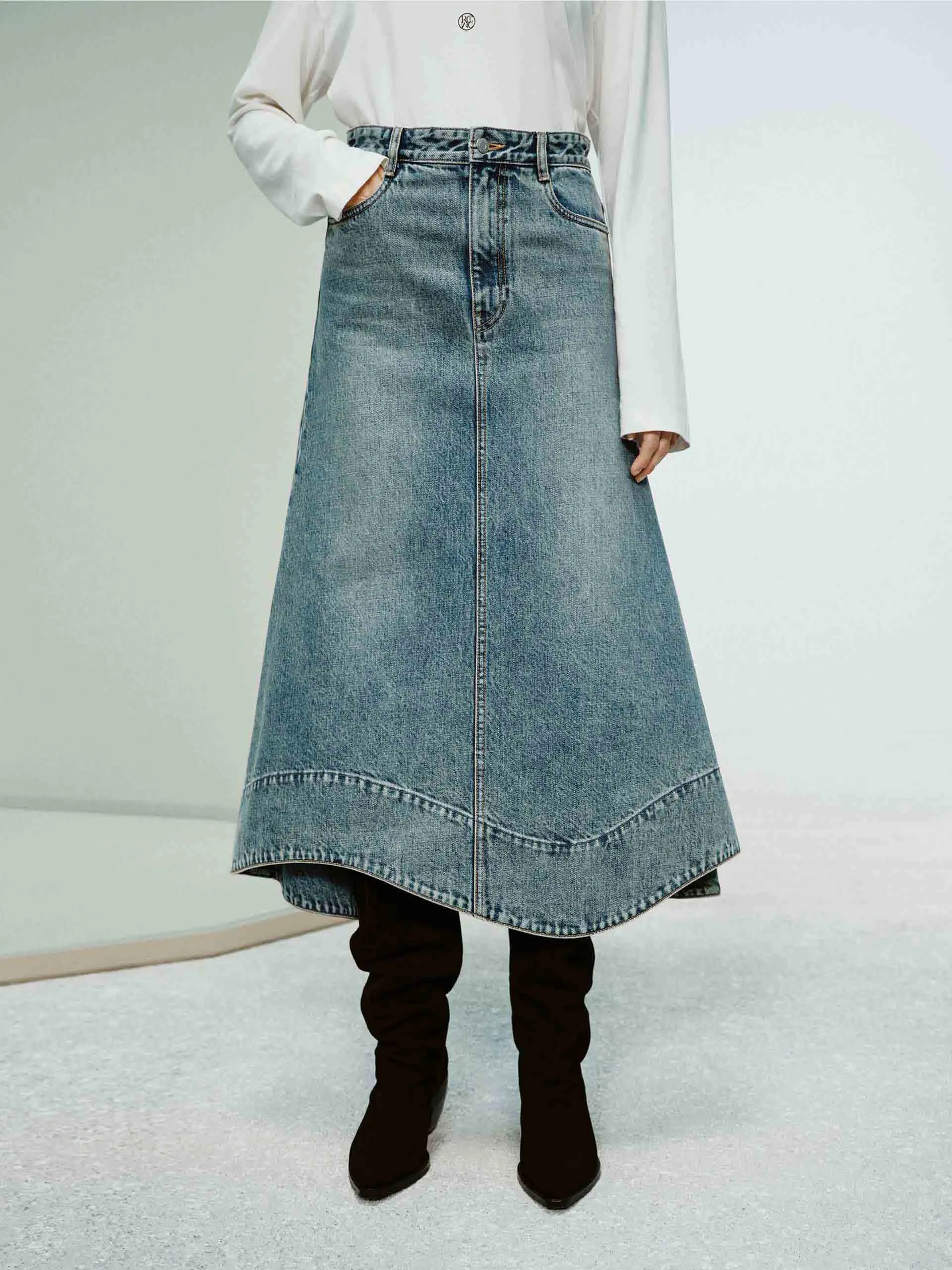 Vibrant Touch Wave Hem Denim Skirt