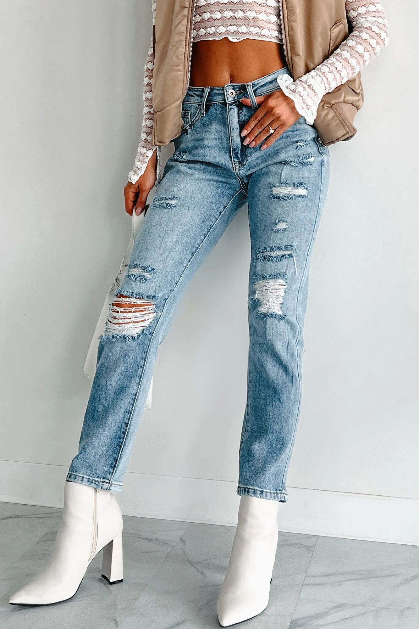 Emilio High Rise Distressed Rigid Stretch Special A Jeans (Medium Light) Neutral Casual