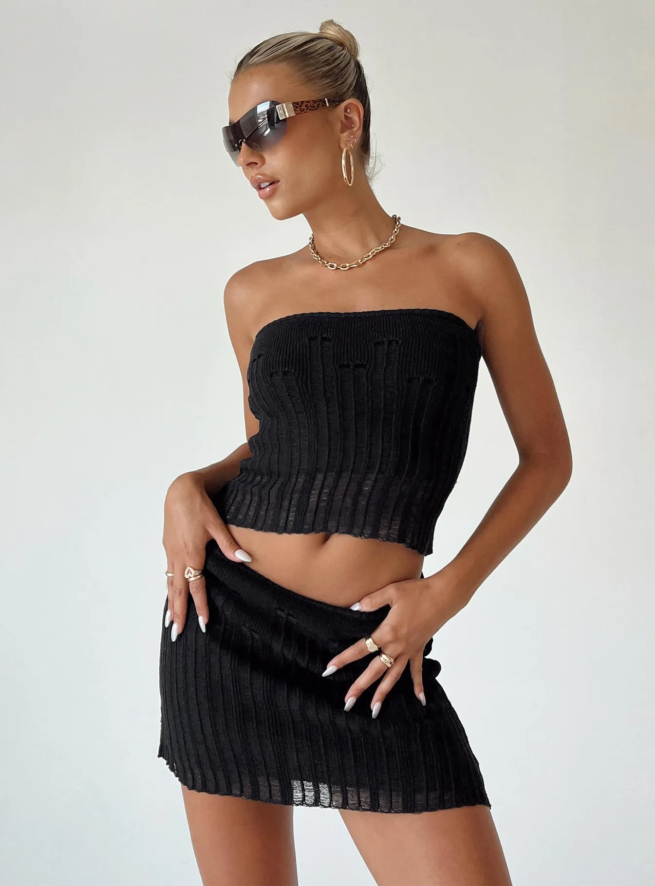 Asymmetrical Cut Split hem Macaulay Knit Mini Skirt Black