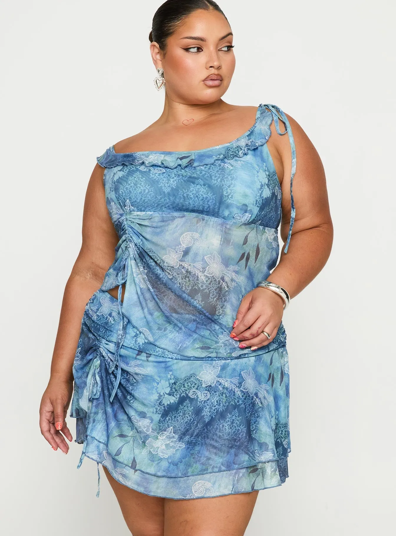 Figure Flattering Beach Day Rosee Frill Mini Skort Blue Multi Curve