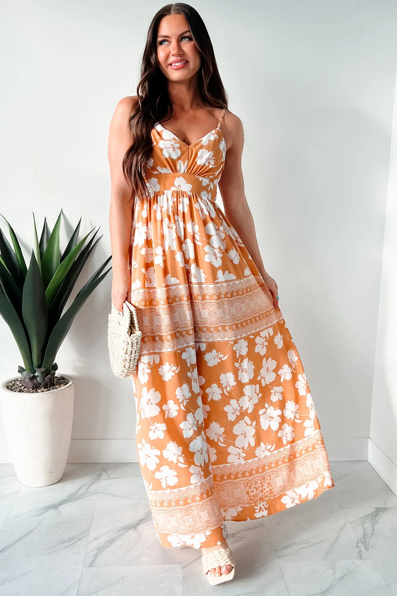 Vintage Love Fall Path Honolulu Happy Hour Floral Maxi Dress (Apricot)