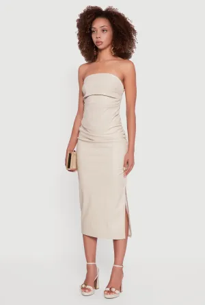 Faux Leather Side Slit Ruched Midi Tube Dress Sleek Comfort Glacier Edge