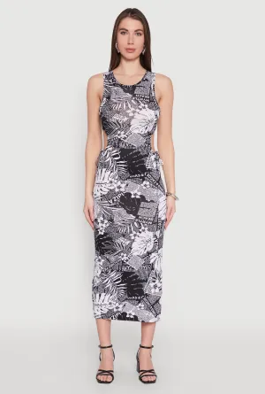 Vibrant color midi Leaf Newspaper Print Midi Dress