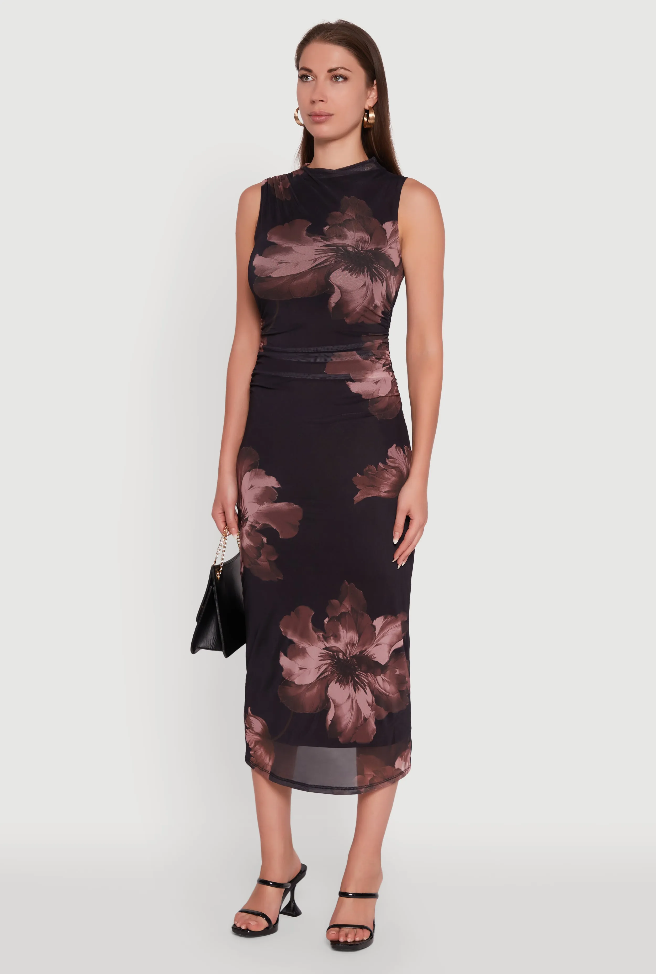 Madden Girl Floral Mesh Mock Neck Ruched Side Midi Dress Easy Style All-day wear midi