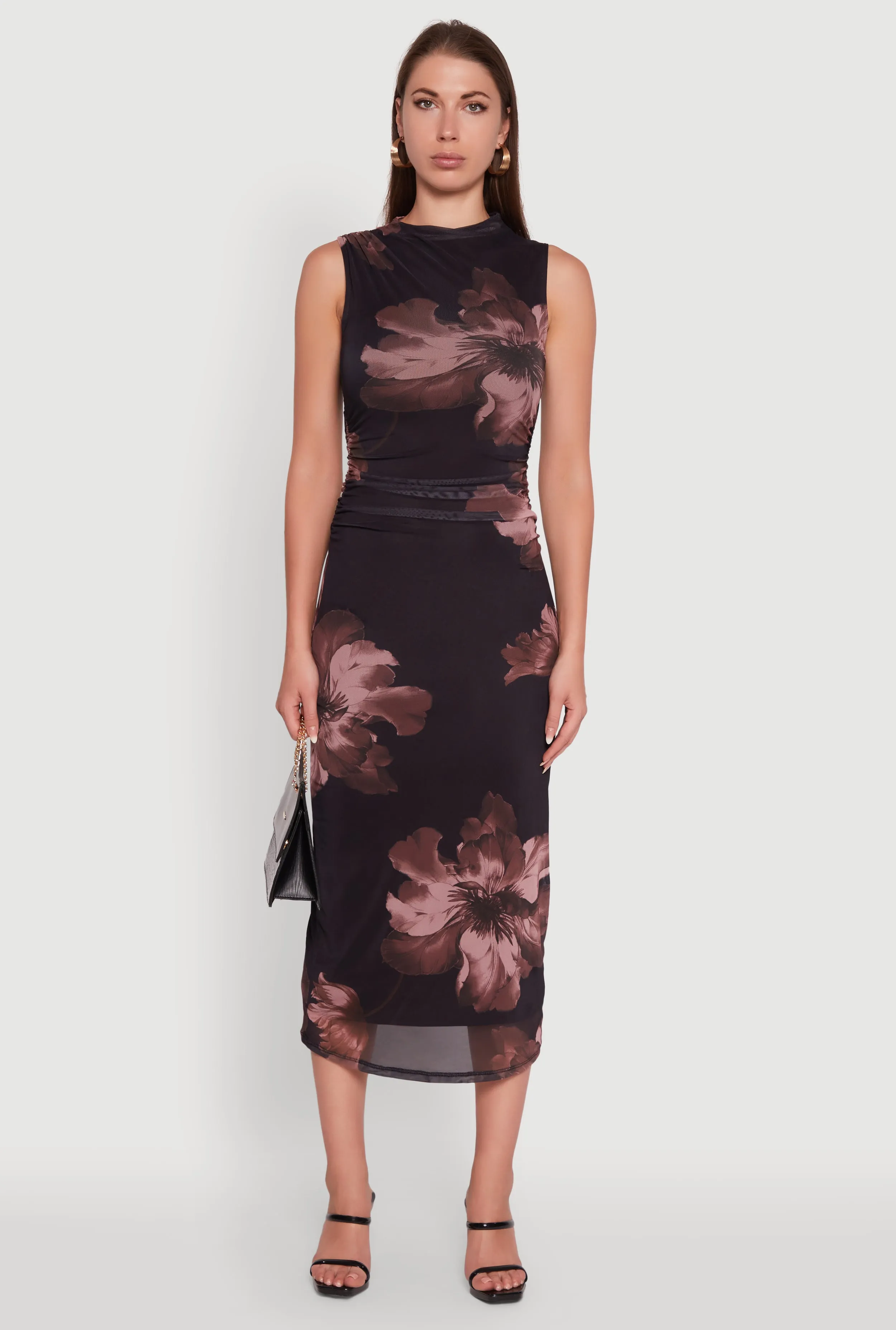 Classy Attire Madden Girl Floral Mesh Mock Neck Ruched Side Midi Dress