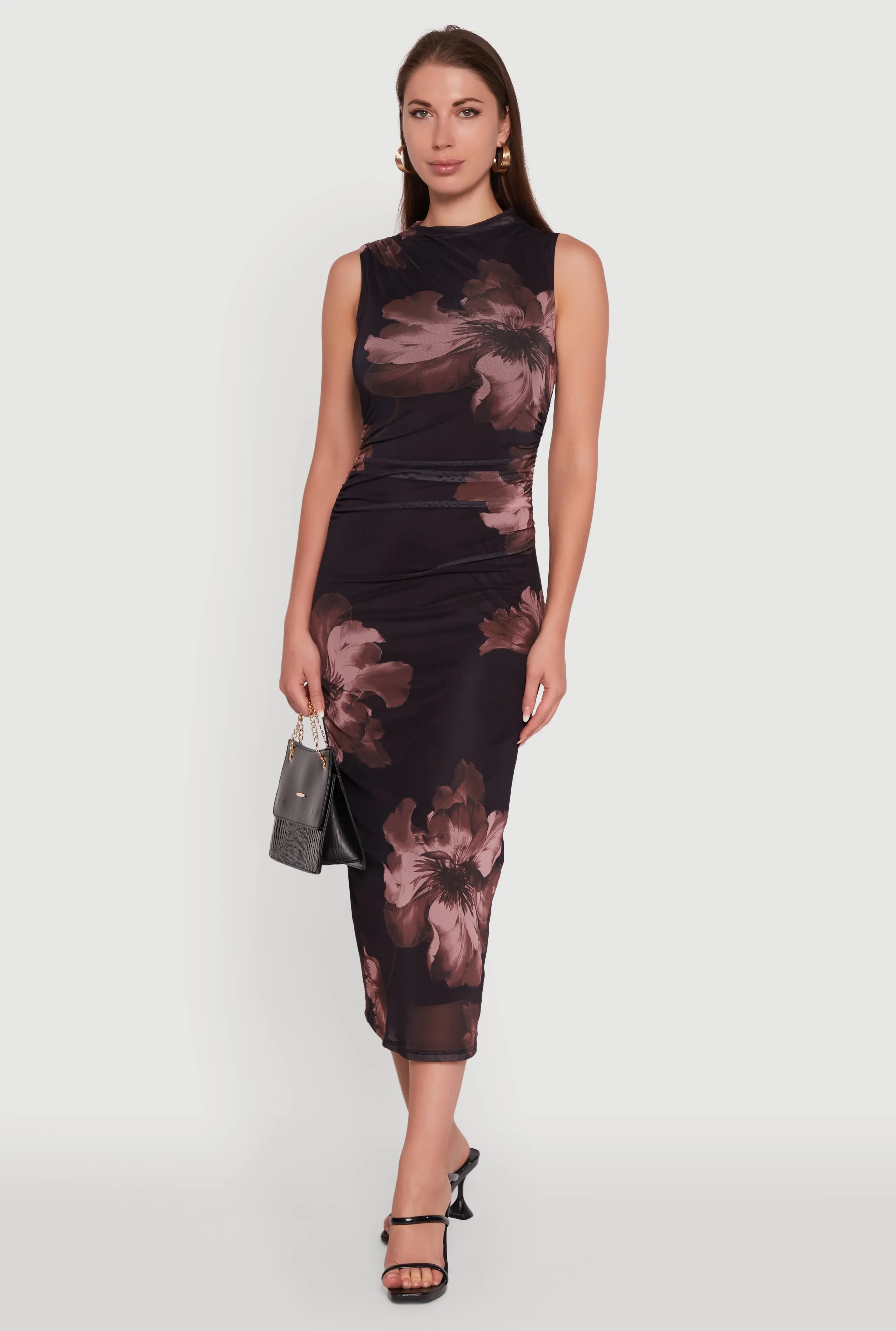 Madden Girl Floral Mesh Mock Neck Ruched Side Midi Dress Cool Shade