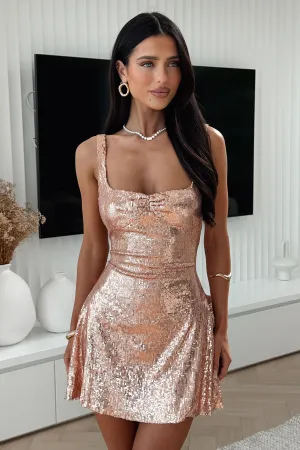 Selena Sequin Mini Dress - Champagne Feminine flattering short gown