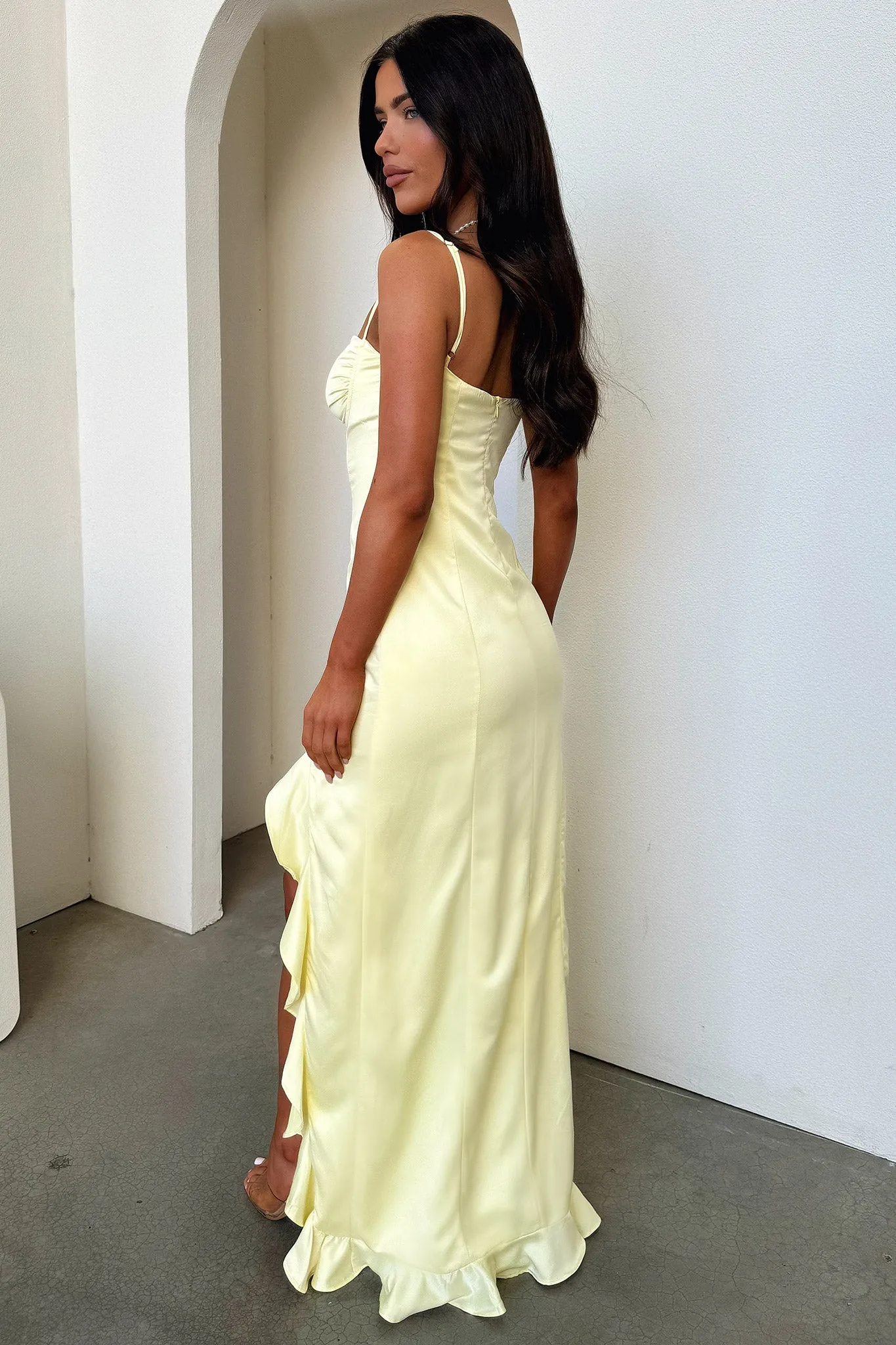 This dress provides a polished and sophisticated look while ensuring all-day comfort Lauren Ruffle Trim Satin Maxi Dress - Yellow