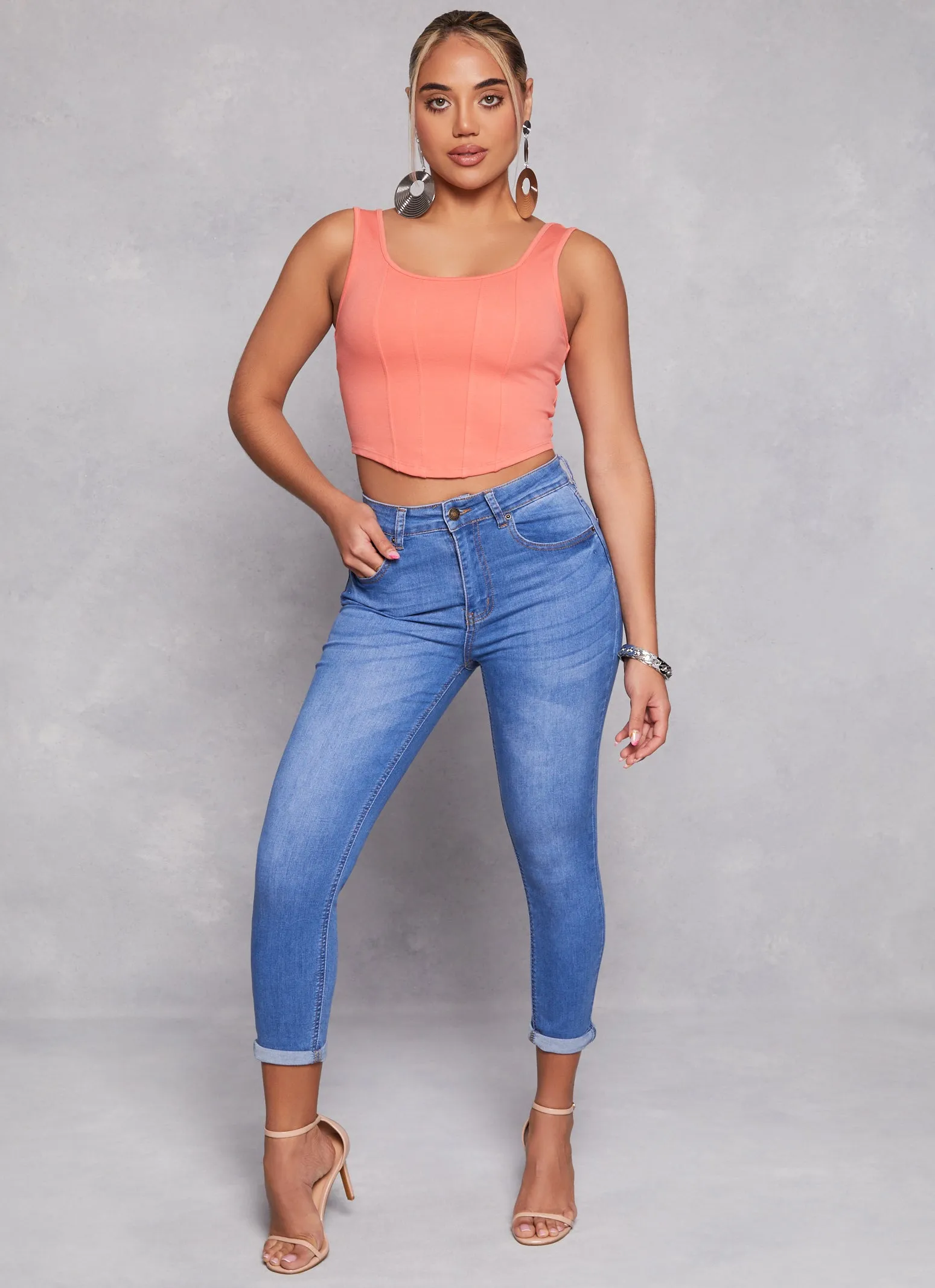 WAX High Waist Rolled Cuff Denim Jeans Neutral design Elegant Bold Look