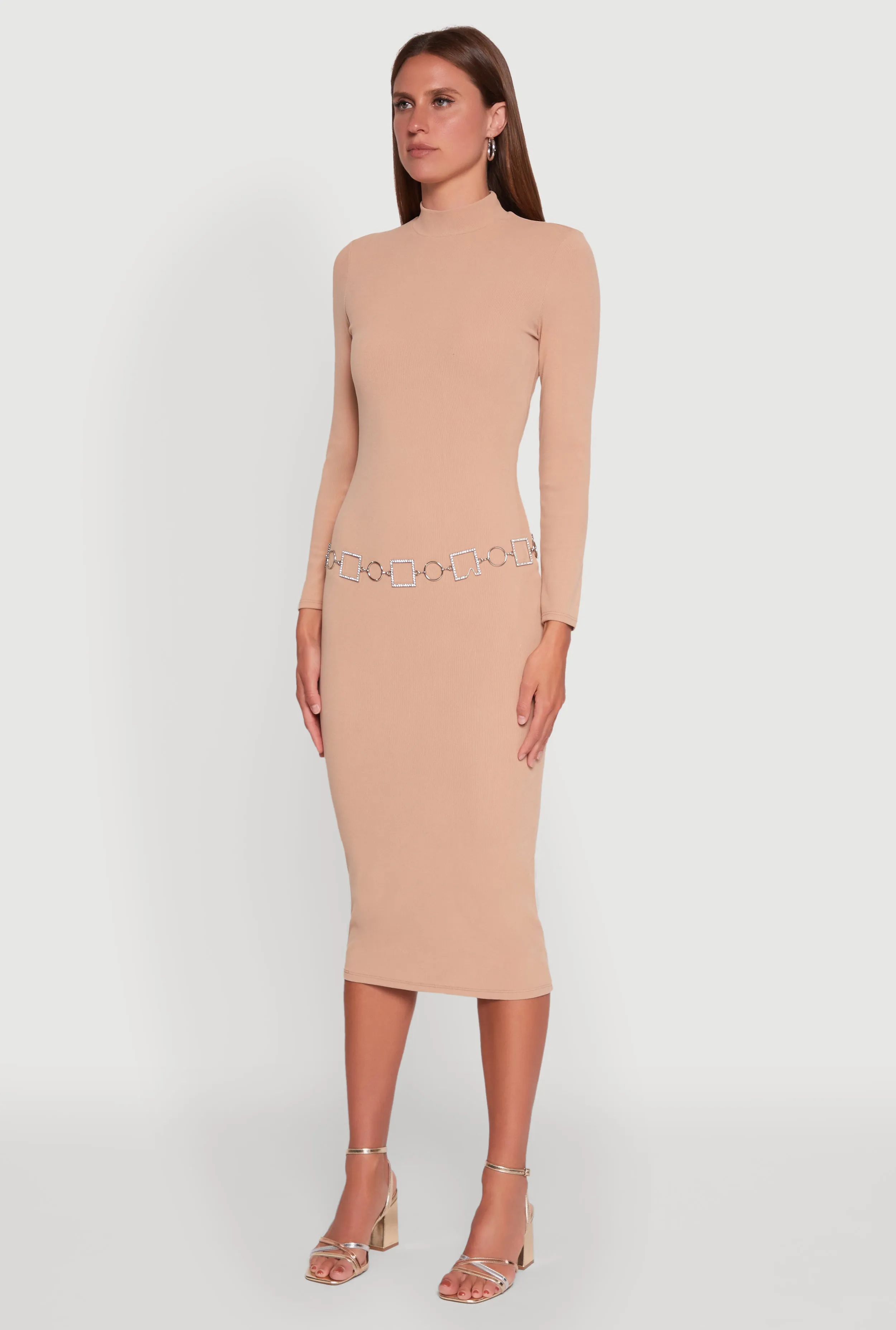 Long Sleeve Mock Neck Midi Dress Work Attire Seasonal Comfort