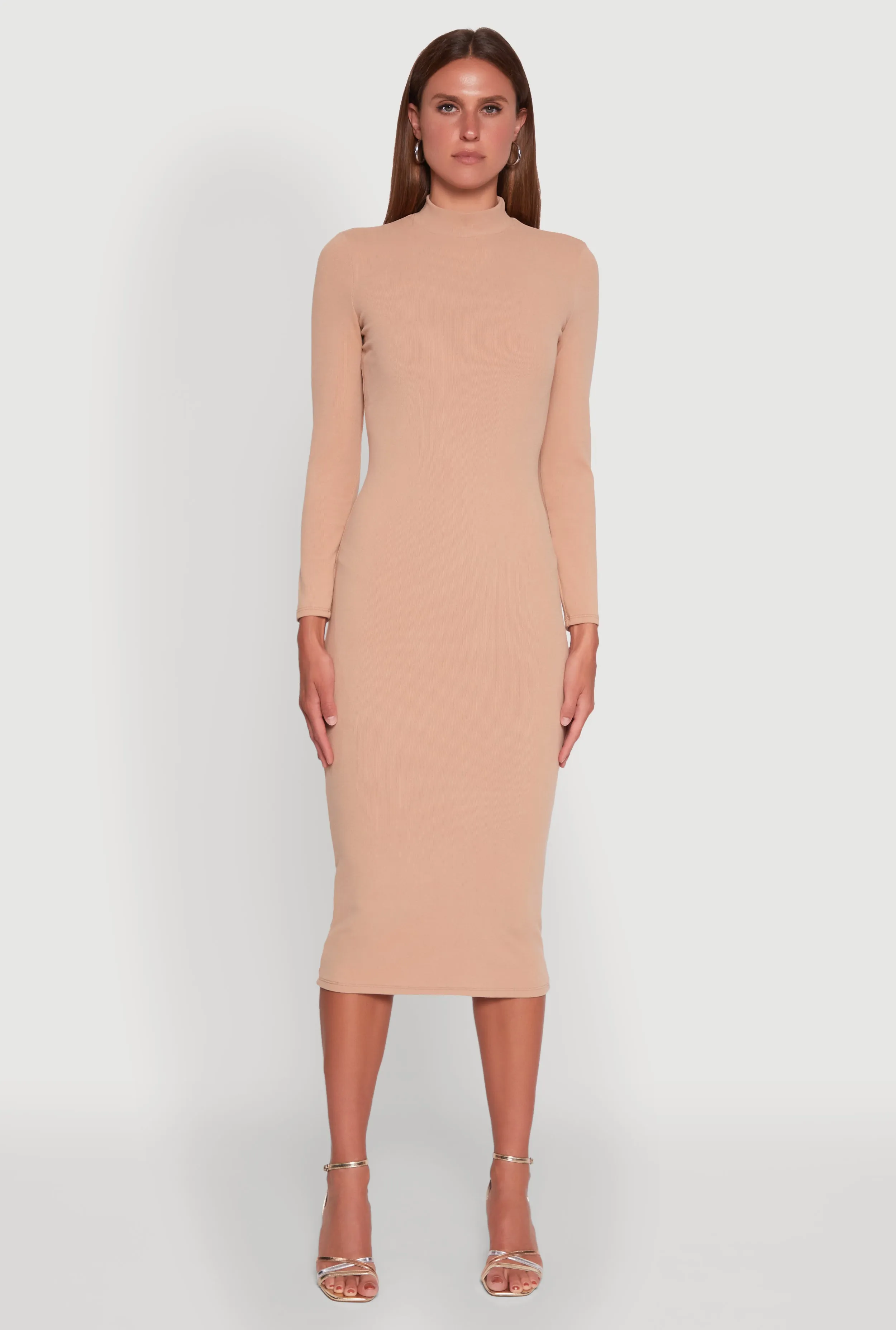 Cotton Soft Long Sleeve Mock Neck Midi Dress
