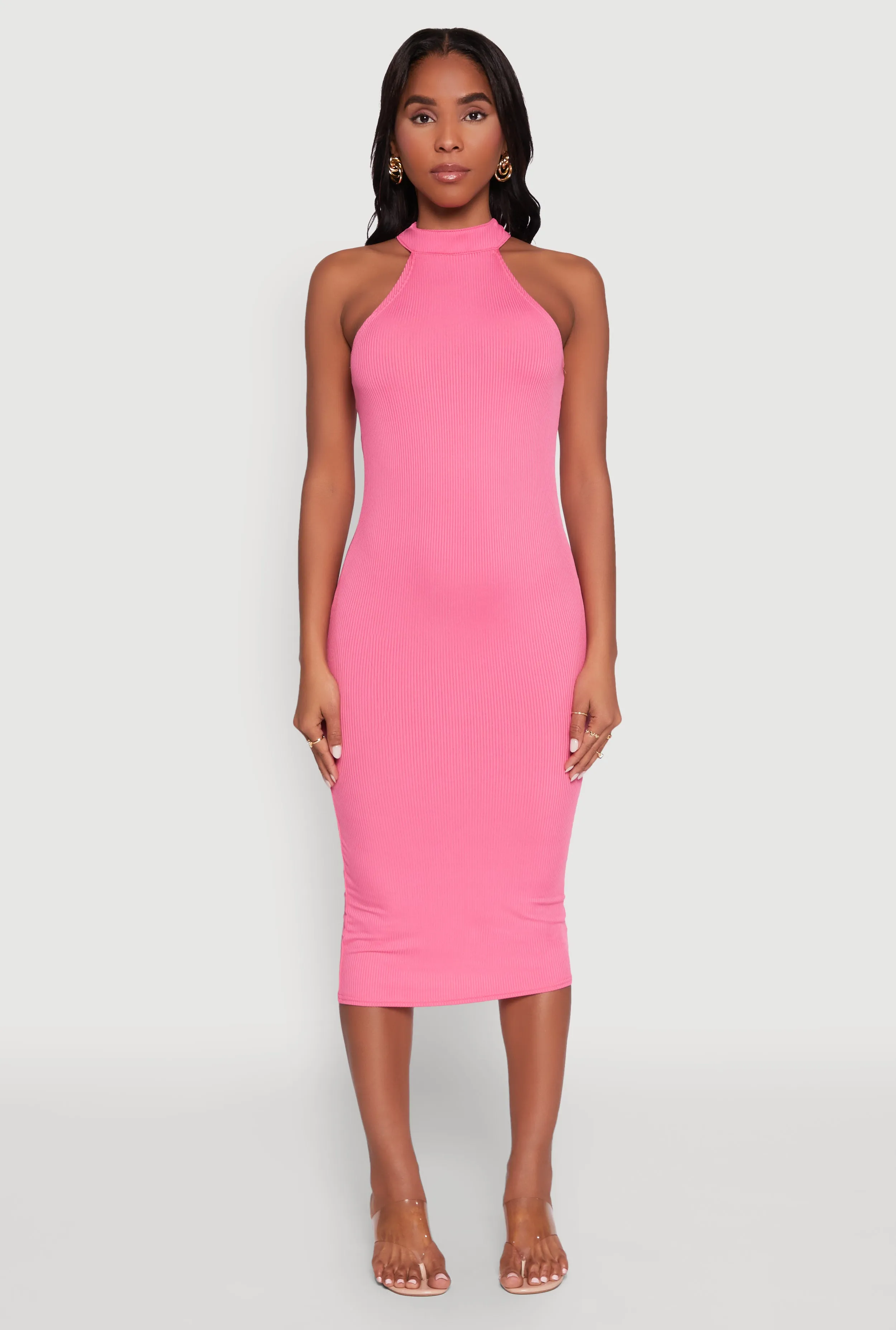 Dinner Hall Rib Knit Halter Midi Dress