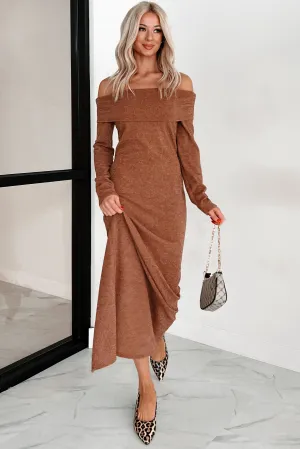 Tanya Off The Shoulder Sweater Maxi Dress (Brown) Metallic Pop Flame Glow