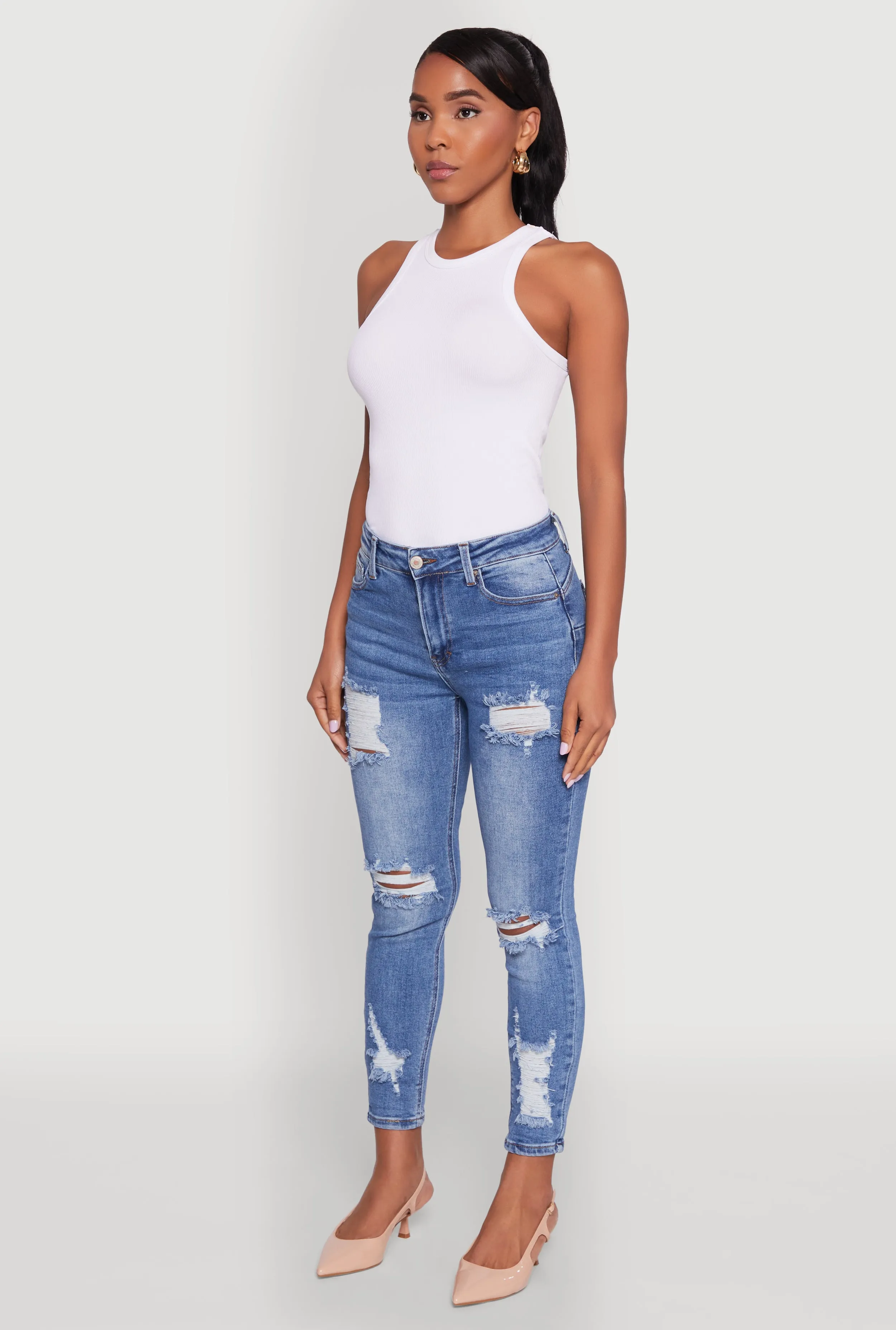 WAX Ripped Rolled Cuff Skinny Jeans Neutral Piece
