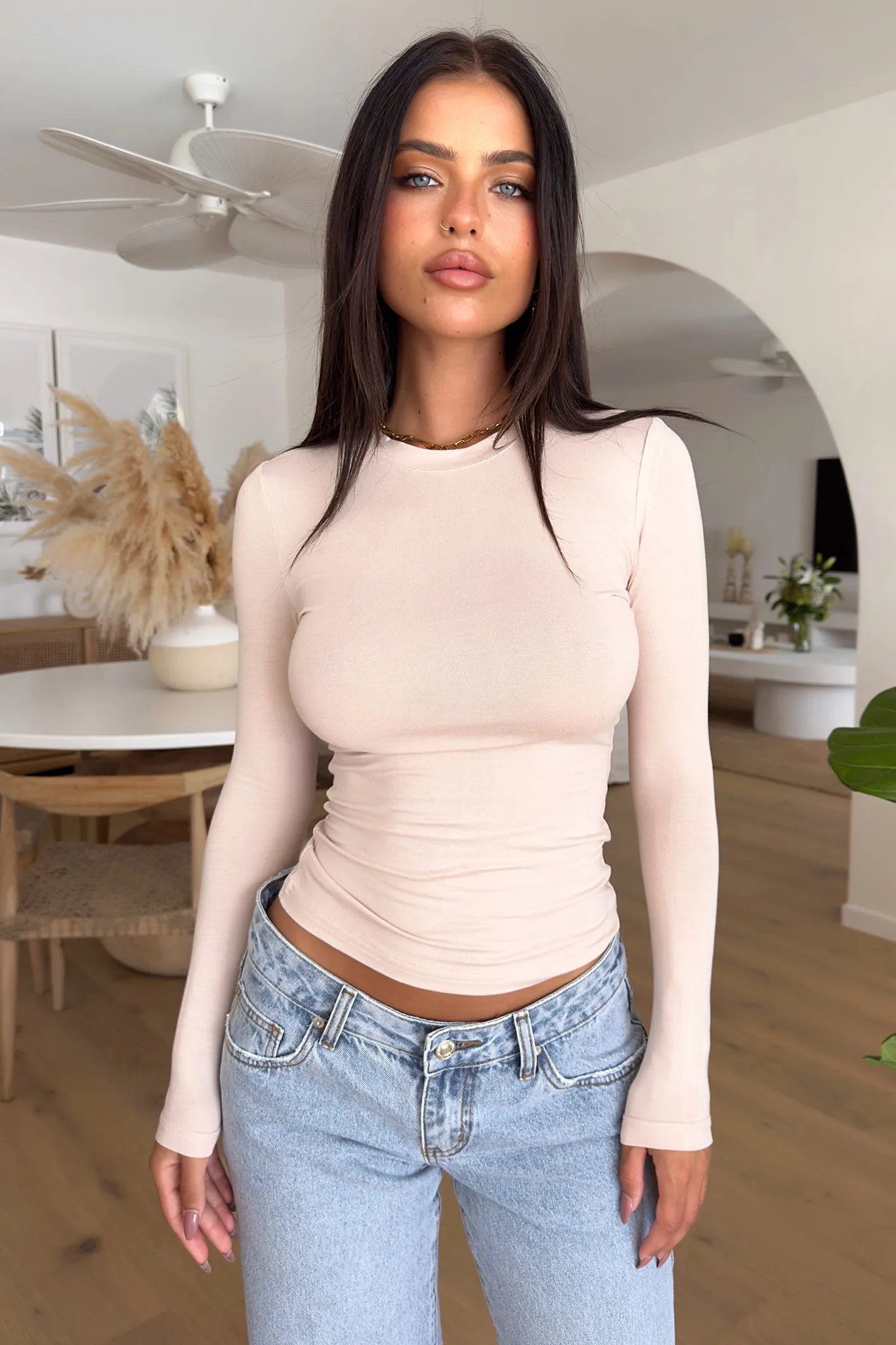 Versatile and Stylish Easy Care Material Amos Long Sleeve Tee - Beige