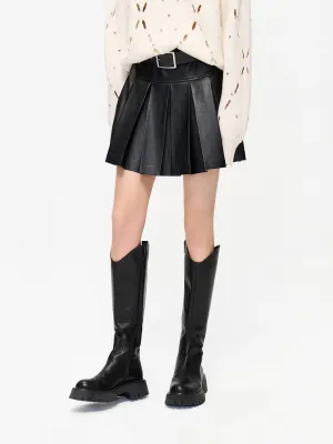 Washable fabric Split hem High Waist PU Pleated Skirt