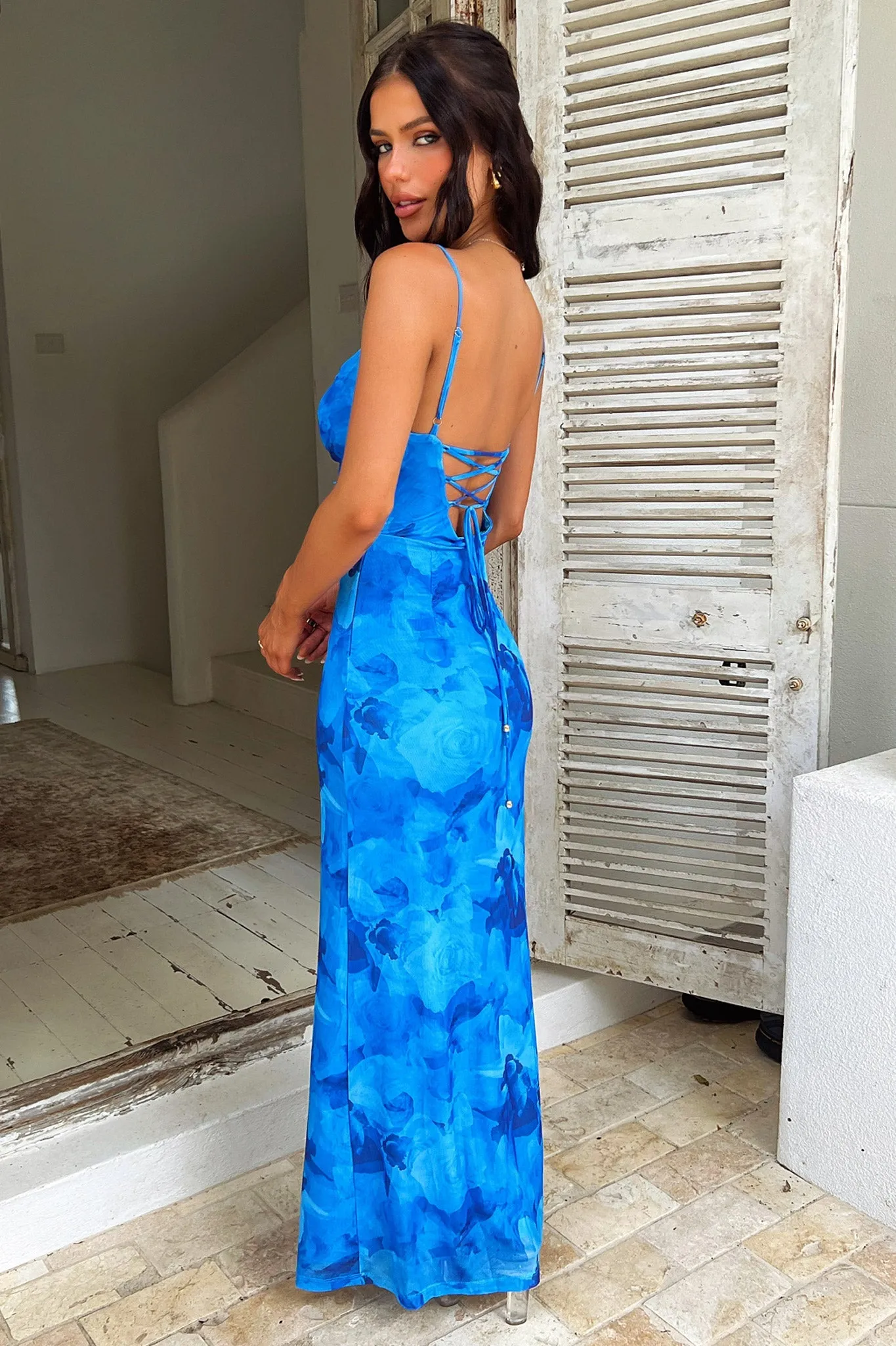 Nadine Lace-Up Back Maxi Dress - Blue Floral Leaf Dance Net Glow