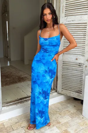 Nadine Lace-Up Back Maxi Dress - Blue Floral Meadow Air