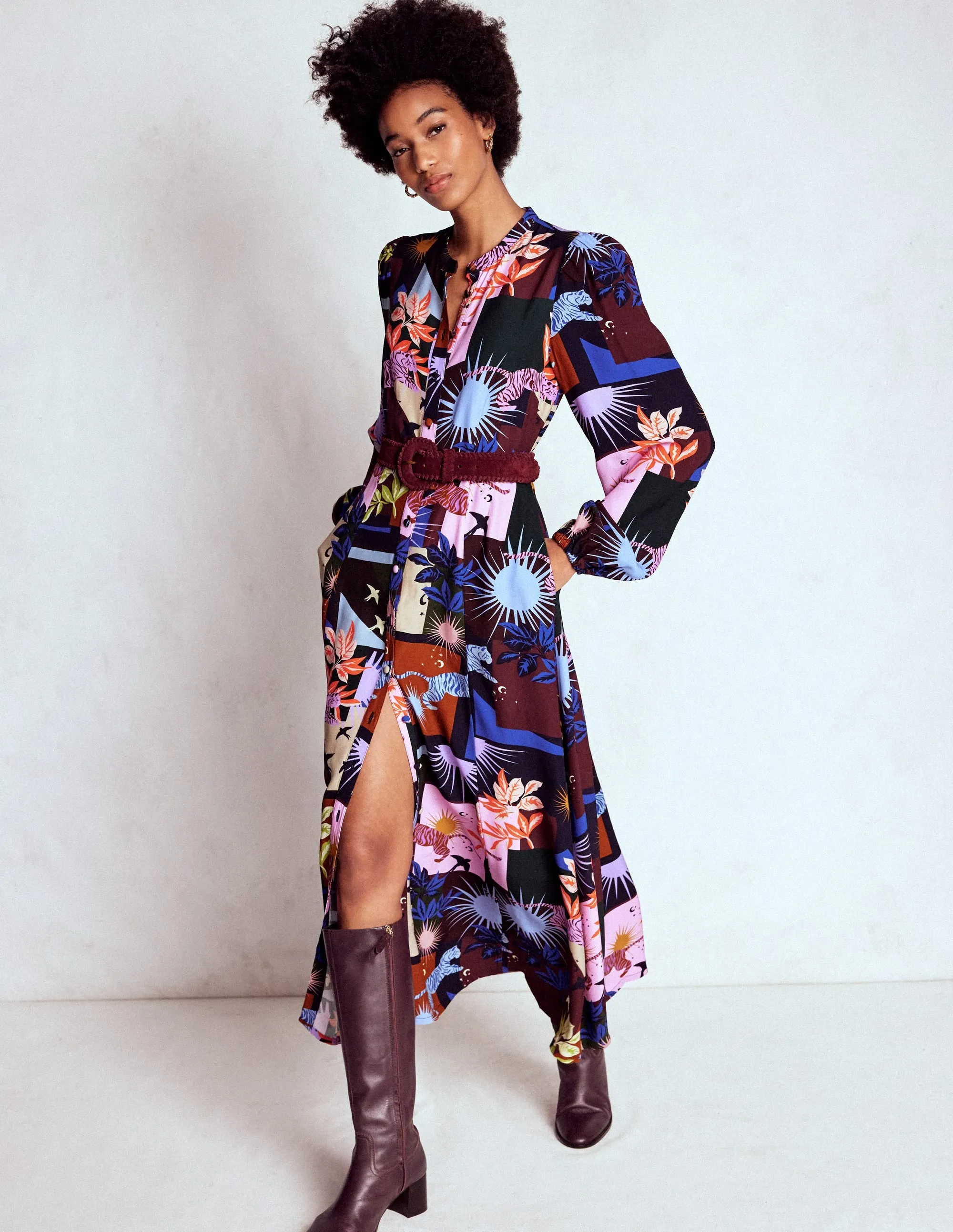 Mae Occasion Maxi Shirt Dress-Multi, Cosmic Savanna Silk Glow Blue Hour