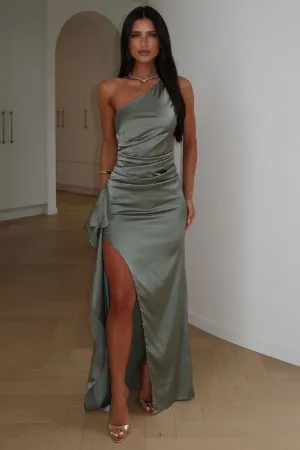 casual beachwear This dress provides a flattering look for any body type thanks to its classic design Elianna One Shoulder Satin Maxi Dress - Sage