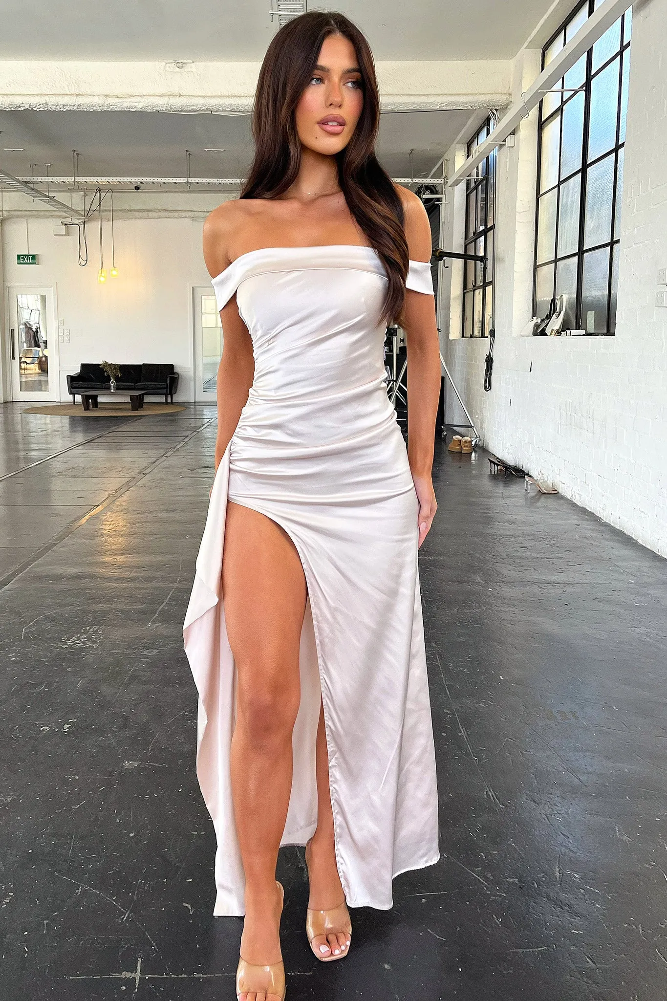 Metal Shine casual beachwear Saoirse Off Shoulder Satin Maxi Dress - Champagne