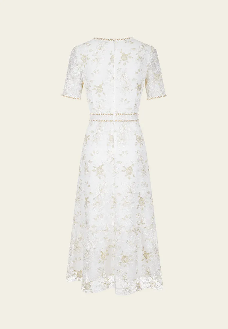 Embellished-trim Lurex Floral-appliqu?? Lace Dress Compact Packable Design