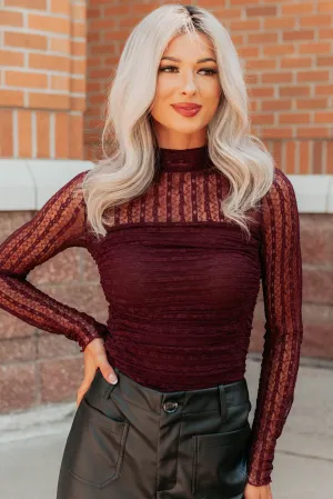 Travel Men Picnic Music Laced In Fame Floral Mock Neck Lace Bodysuit (Baked Plum)