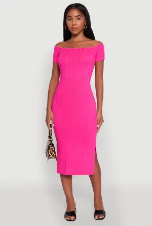 Rib Knit Side Slit Off The Shoulder Dress Work Ready Go Light