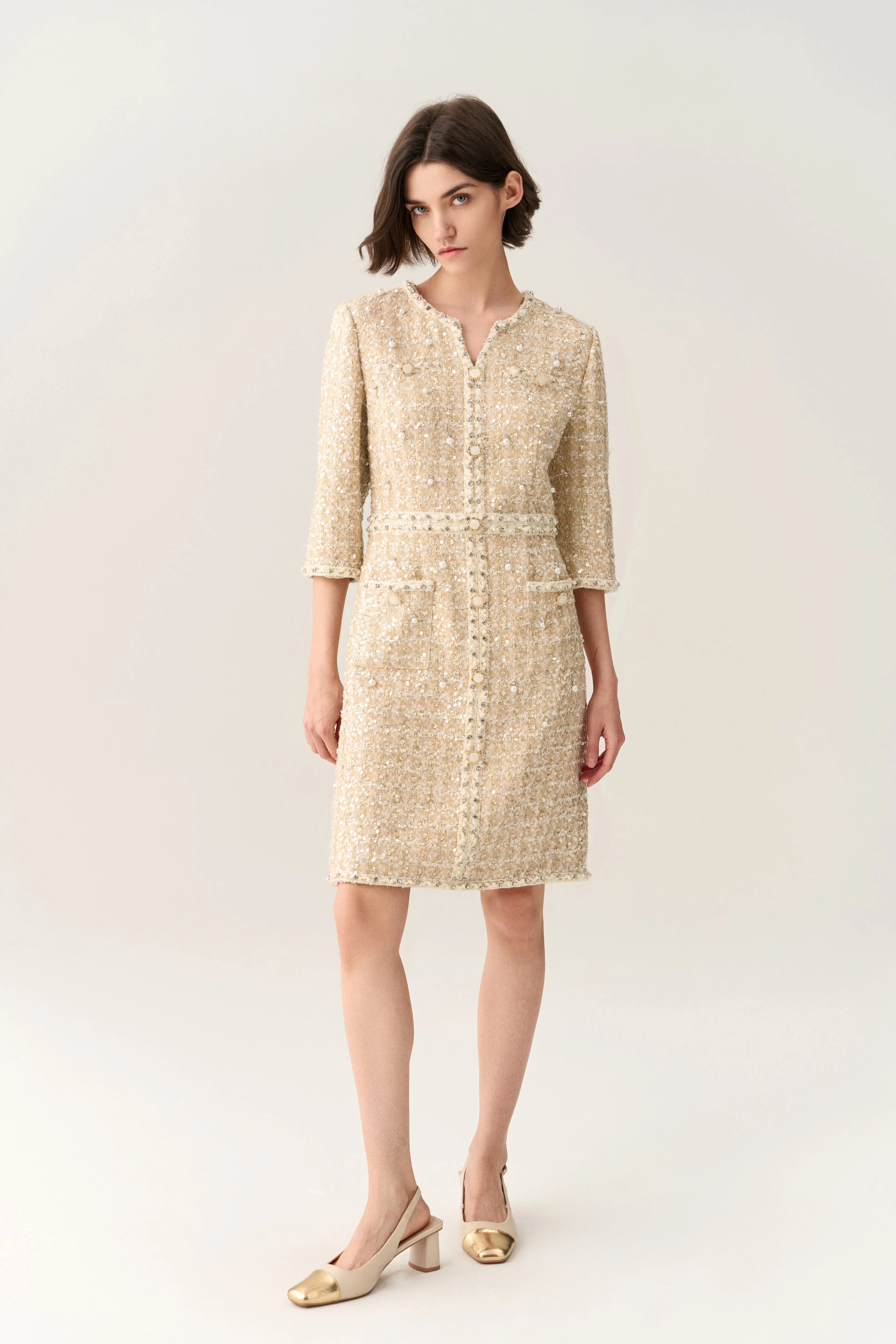 Three-quarter Sleeve Embellished Tweed Dress AntiPilling Technology