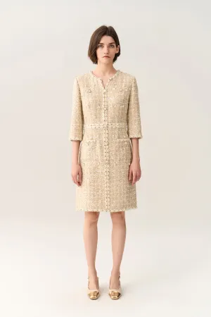 Beach Ease Three-quarter Sleeve Embellished Tweed Dress