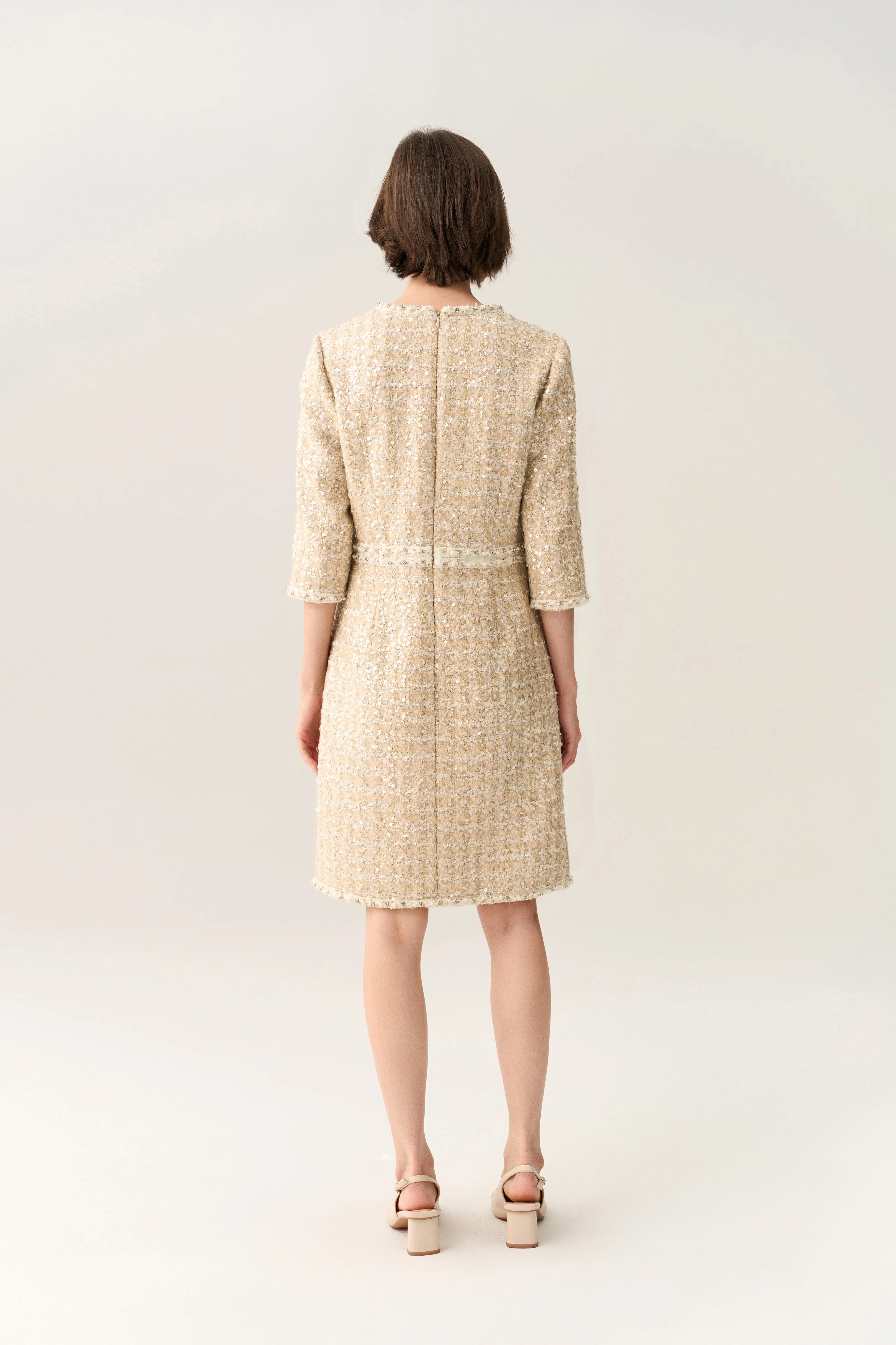 Easy Breath FadeResistant Three-quarter Sleeve Embellished Tweed Dress