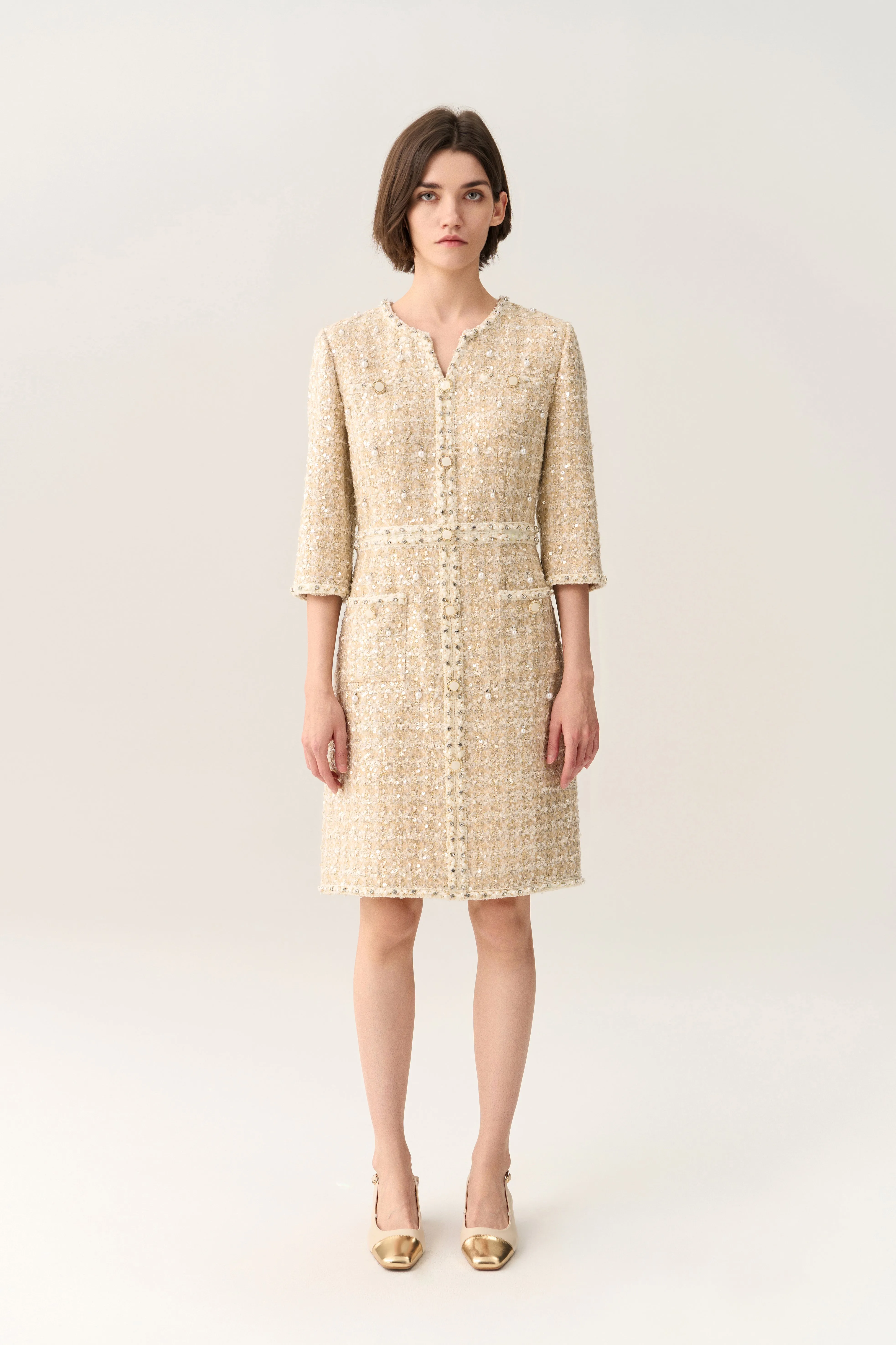 Beach Ease Three-quarter Sleeve Embellished Tweed Dress