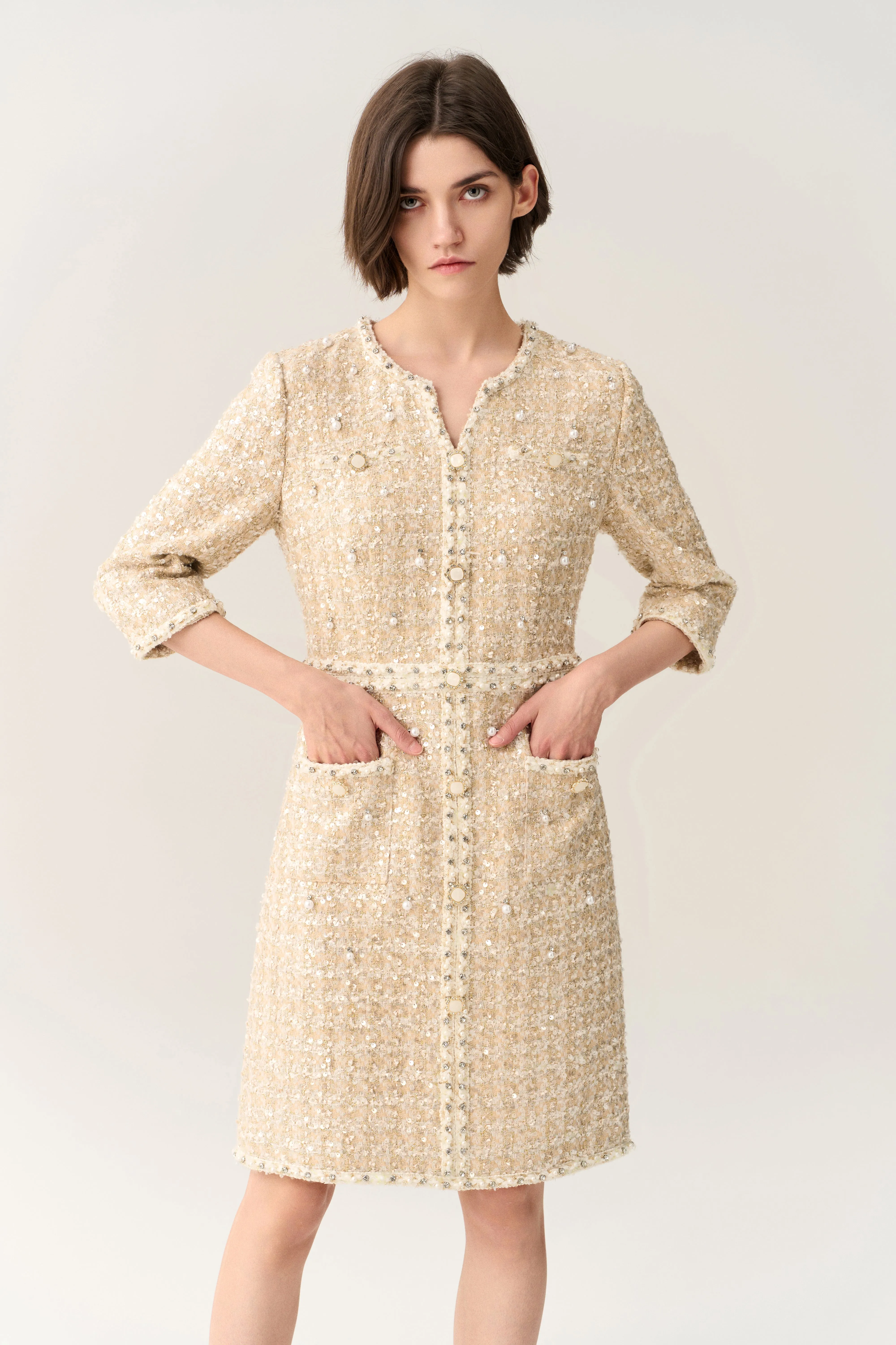 Three-quarter Sleeve Embellished Tweed Dress Glow Core