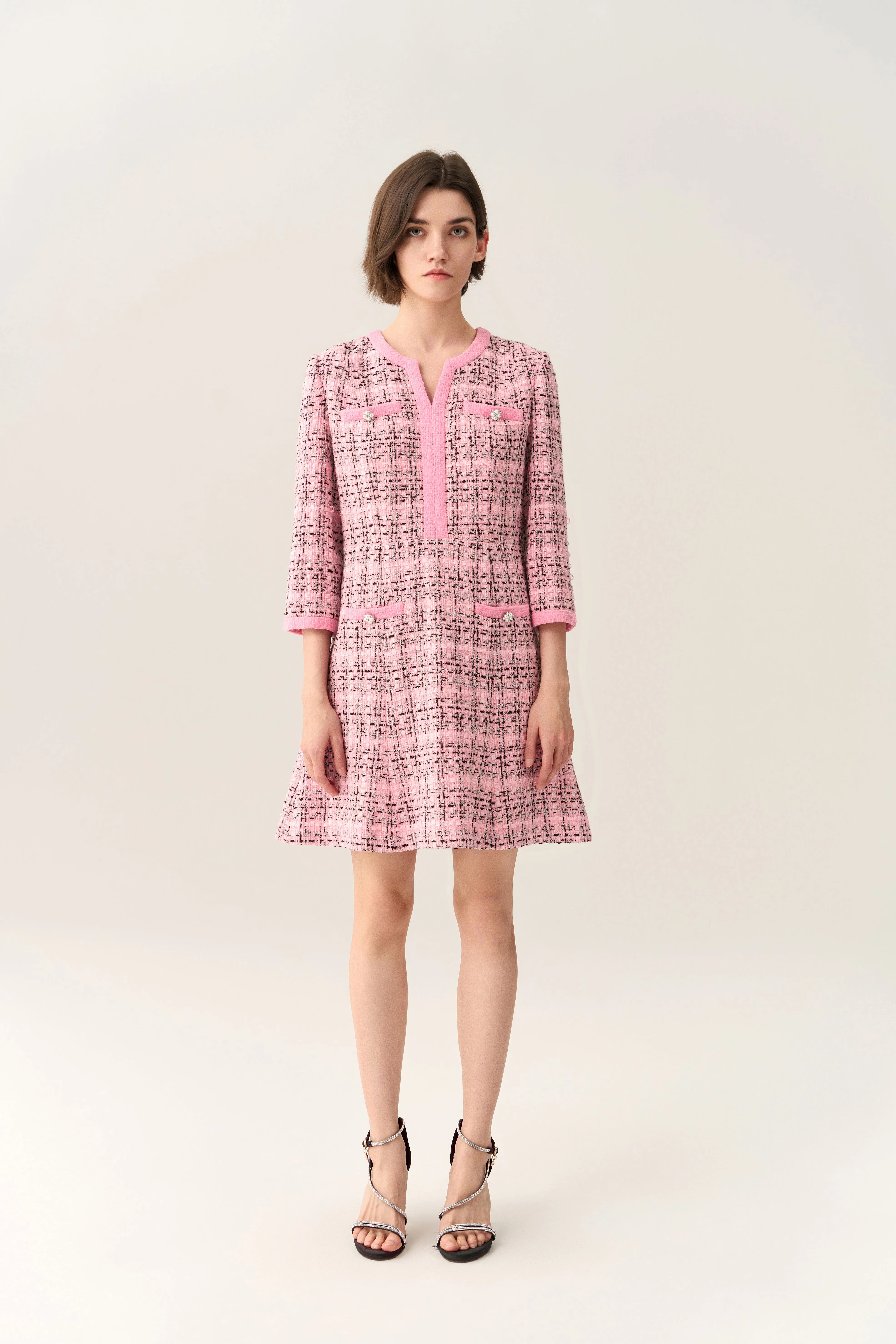 Check Tweed A-line Dress Ocean Glow AntiStaticMaterial