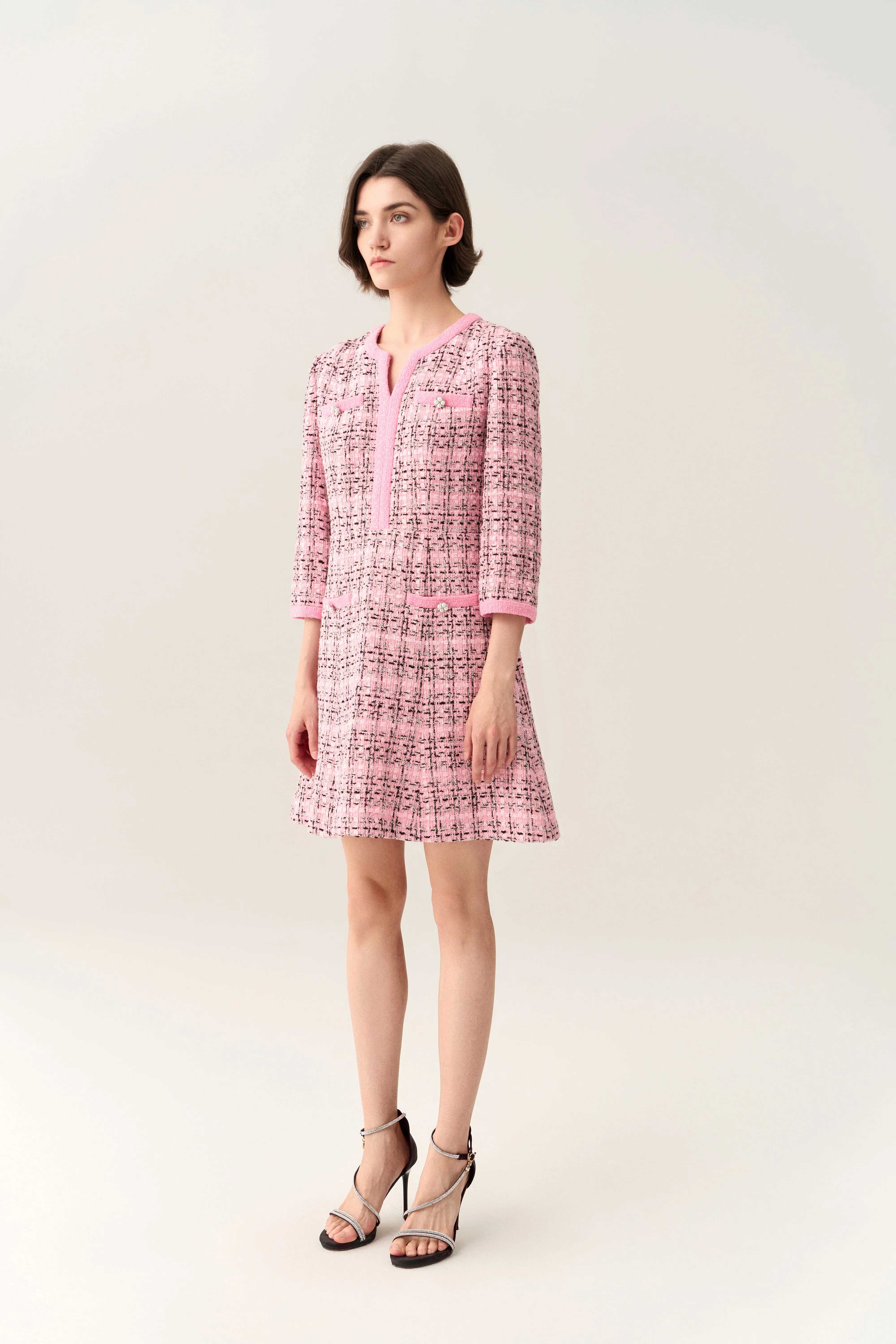 Check Tweed A-line Dress Soft Inner Lining